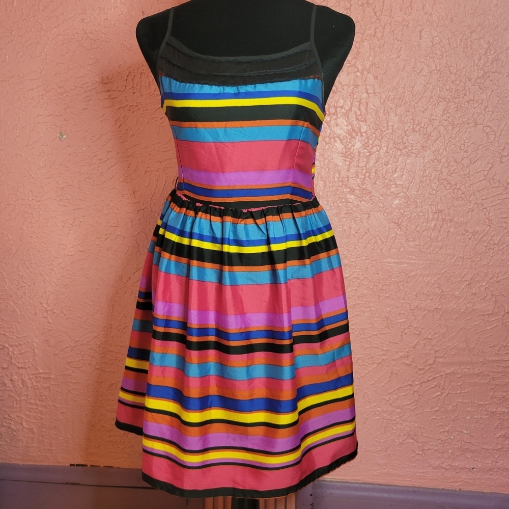 Band of Gypsies Women’s Striped Boho Mini Dress – Lace Neckline Strappy Flare